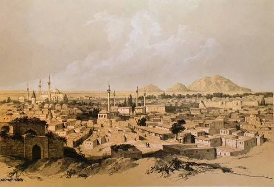 19. yüzyıla ait Konya genel görünümü gravürü, ön planda bir sur kapısı