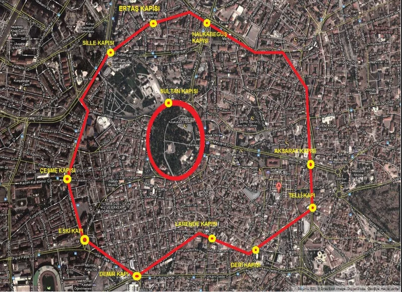Konya dış kale surlarının 12 kapısını gösteren güncel harita
