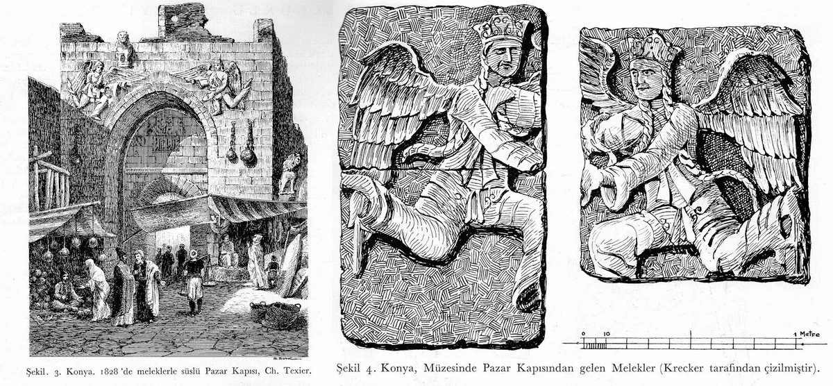 Charles Texier'nin 1828'de çizdiği Pazar Kapısı gravürü ve kapıdan gelen melek kabartmalarının çizimleri